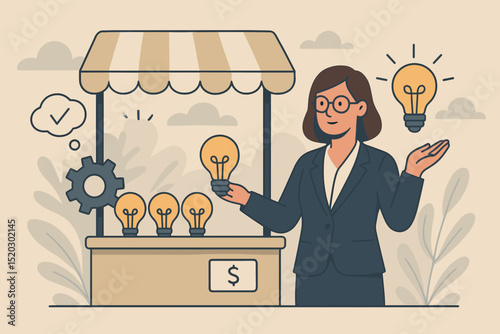 Innovative Ideas Marketplace: Businesswoman Presenting Bright Solutions for Sale. Concept of Creativity, Innovation, Problem Solving, and Entrepreneurship. Vector Illustration.