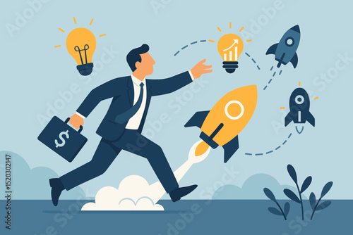 Dynamic Businessman Chasing Innovative Ideas & Rocket Startups. Entrepreneur Seeks Growth, Investment, and New Business Opportunities. Concept of Success and Future Potential.