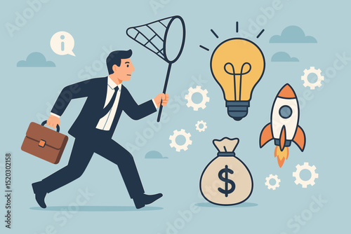 Businessman chasing lightbulb idea with net, aiming for financial growth symbolized by money bag and rocket launch, representing business innovation and investment strategy