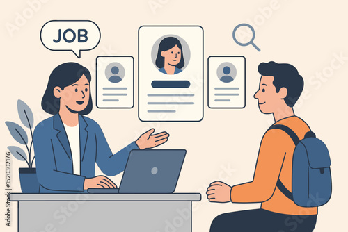 Job search assistance and online recruitment concept. Interview process, candidate selection. HR manager with laptop, reviewing profiles for employment. Virtual job fair, career opportunity.