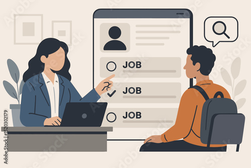 Professional job search assistance, career interview and resume selection by HR manager on laptop. Unemployment advice, employment service coaching, candidate job search, headhunting.