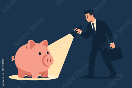 Businessman with Flashlight Examining Piggy Bank: Searching for Investment Opportunities, Financial Savings, and Hidden Value in Banking and Finance