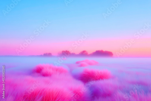 Abstract Grassy Field Landscape With Impressionistic Dreamy Quality And Hazy Trees In Background