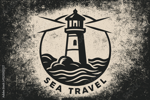 Vintage Nautical Lighthouse Vector Illustration for Sea Travel and Maritime Exploration with Distressed Texture, Circular Design Element for Adventure and Guidance Concepts
