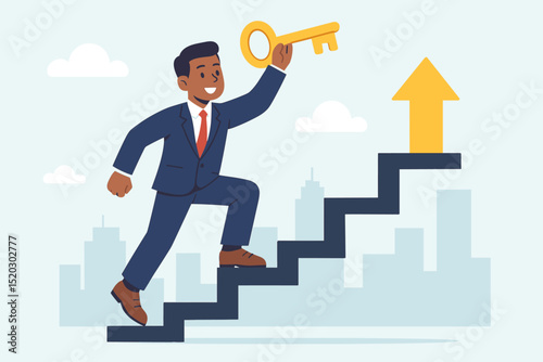 Ambitious entrepreneur climbing success stairs, holding a golden key. Business growth, strategy, career development, opportunity, ambition, achievement, and solution concept.