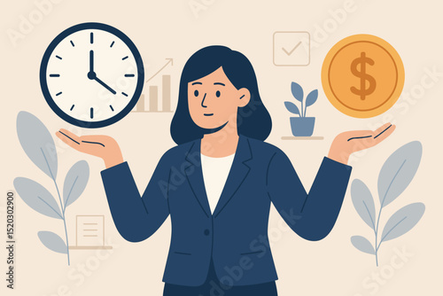 Businesswoman balancing time and money for efficiency, productivity, and financial growth. Concept of work-life balance, investment, and time management for career success.