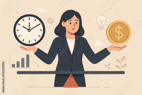Businesswoman Balancing Time and Money: Efficiency, Productivity, and Financial Planning for Success. Concept of Time Management, Savings, and Investment Strategy.