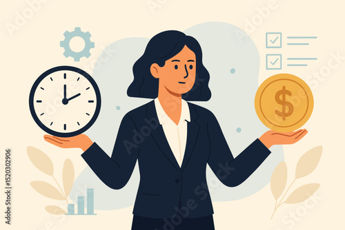 Businesswoman balancing time and money, illustrating efficiency, productivity, and investment strategy for financial growth and time management success. Concept of value, resources, and planning.