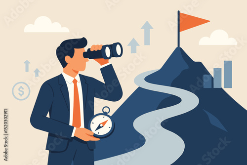 Business Vision Future Direction: Entrepreneur with Binoculars and Compass Seeks Opportunity, Navigating Path to Success on Mountain Peak with Flag and Growth Chart