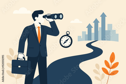 Businessman with Binoculars Seeking Future Direction on Path to City Growth, Following Compass for Business Vision and Opportunity