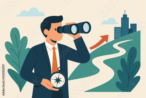 Businessman with Binoculars and Compass Seeking Future Vision: Strategic Planning, Business Growth, Direction, Opportunity, and Success in Urban Landscape