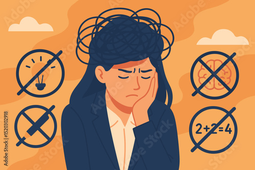 Businesswoman Overwhelmed by Mental Stress: Confusion, Lack of Ideas, Blocked Thinking, and Incorrect Solutions Depicted as Tangled Thoughts and Crossed-Out Symbols