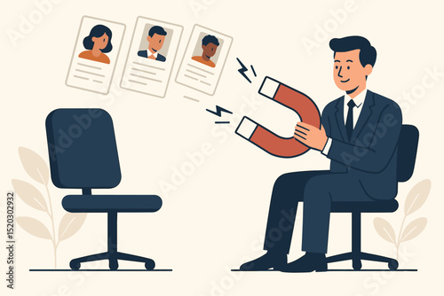Magnetic Talent Acquisition: Businessman Attracting Candidates with a Magnet for Job Vacancy. Human Resources, Recruitment, Hiring Process, Employee Search Concepts.