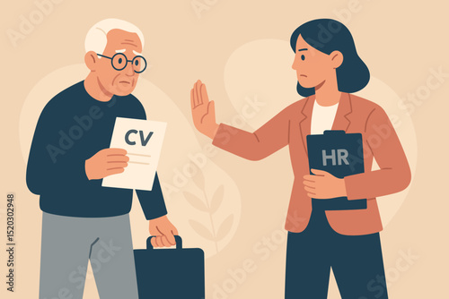 Age Discrimination concept. Older man applying for job, human resources professional denying employment. Senior career rejection, employment issue, dismissal