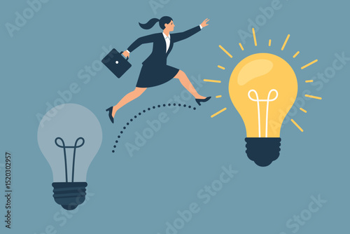 Businesswoman making a leap towards innovation, jumping from an old idea to a new glowing lightbulb, concept of business transformation and finding bright solutions