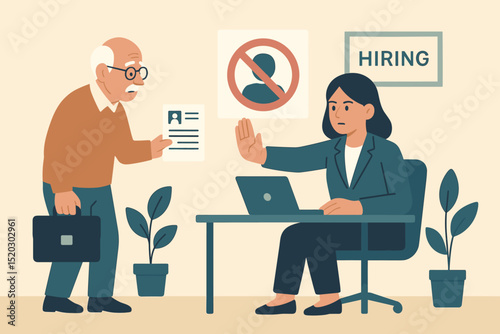 Age discrimination in job search, employment, hiring, and business. Elderly man rejected for work by human resources despite experience. Old person excluded, bias concept.
