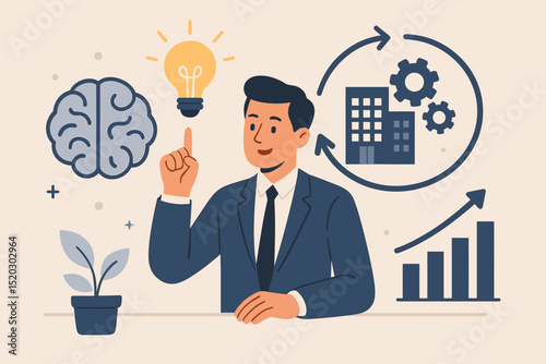 Business transformation administrator with innovative idea, brain, success growth chart. Manager having an idea, business solution and development, strategy concept