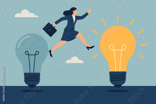 Businesswoman leaps from an old, dull light bulb to a bright, innovative idea, symbolizing progress, change, success, solution, creativity, and career development