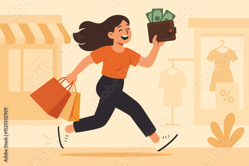 Joyful young woman running with shopping bags and money wallet, excited for retail therapy. Female character illustration enjoying discounts, sales, and a happy shopping experience.