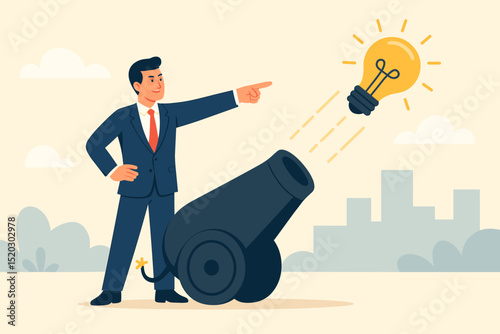Entrepreneur launching innovative business idea with foresight. Businessman shoots lightbulb from cannon. Visionary concept for new project startup. Development strategy.