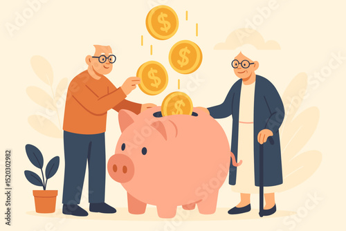Elderly Couple Saving Money in Piggy Bank for Retirement, Financial Future, Pension Fund, and Investment Planning. Golden Coins Falling, Wealth Management