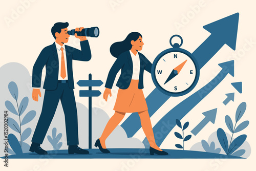 Business team navigating growth path, holding compass, looking for future opportunities. Man with binoculars, woman leading direction, arrows pointing up. Professional success.