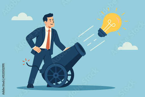 Innovative Business Idea Launch. Entrepreneur firing light bulb from cannon. Concept of foresight, innovation, creativity, solution, startup, strategy, success and vision