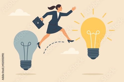 Businesswoman making a creative leap towards new ideas and change. The female is jumping from a dark, outdated lightbulb to a bright, illuminated one, symbolizing progress and innovation.
