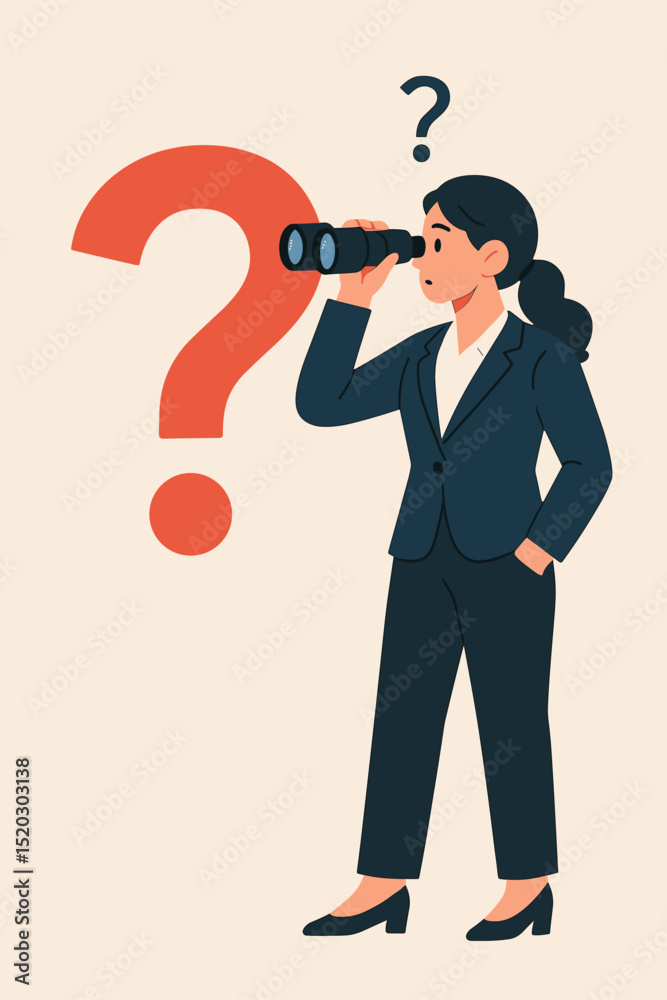 Obraz premium Businesswoman searching for solutions, new ideas, or future opportunities. Woman looking through binoculars next to a big question mark. Concept of exploration, challenge, vision
