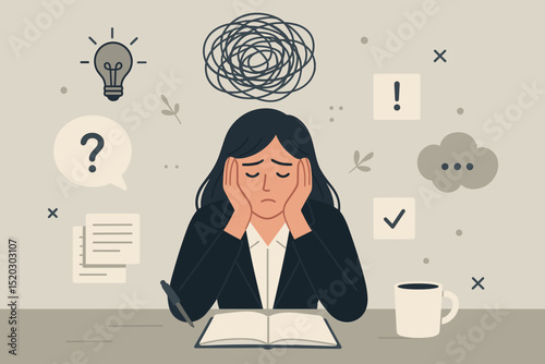 Stressed person experiencing creative block, burnout, mental fatigue, and lack of ideas. Frustrated woman with dilemma, problem, question marks, depression. Overwhelmed employee in crisis.