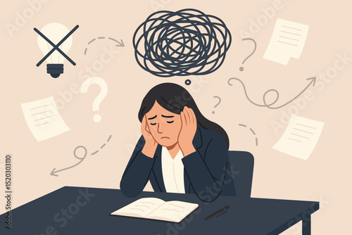 Stressed business woman suffering from creative block, professional burnout, information overload, problem solving, headache, pressure, frustration, anxiety.