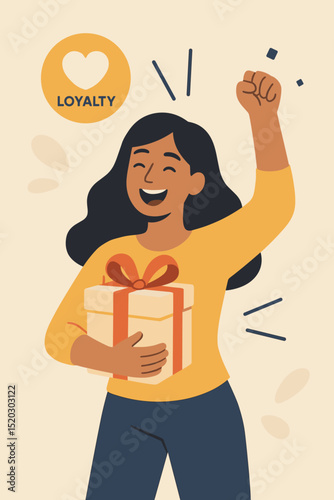 Happy woman celebrating loyalty program rewards, holding a gift box, cheerful customer receiving bonus, appreciation, discount, special offer, sale, member benefits