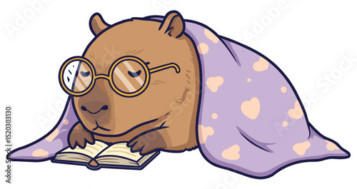 Sleepy Capybara snuggled under a tiny blanket with a book, wearing reading glasses. Vector sticker design