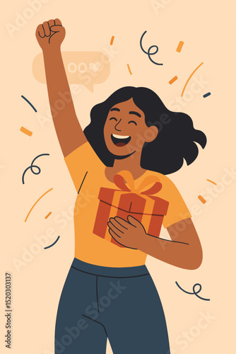 Joyful woman celebrates successful loyalty program with a gift. Happy customer wins prize, excited by bonus. Online shopping reward, victory, promotion, giveaway.