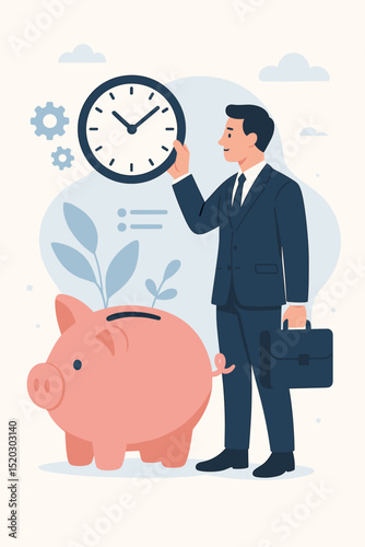 Businessman investing time in a piggy bank, saving money efficiently. Time management, financial planning, productivity, business strategy, growth, earnings.