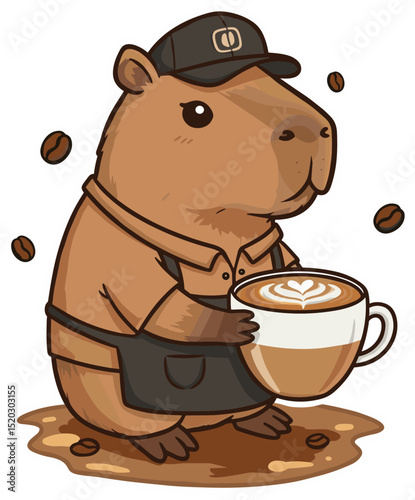 Cute Capybara dressed as a tiny barista holding latte art coffee cup. Vector sticker design