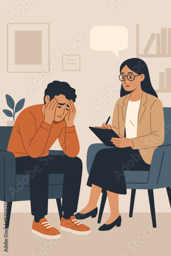 Therapeutic session scene, man suffering from mental health issues, depression, anxiety, stress, or addiction talking with female psychologist, psychiatrist