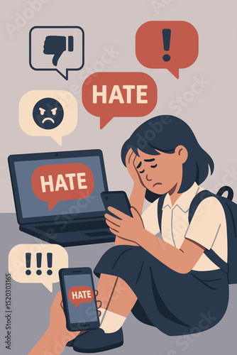 Depressed Schoolgirl Experiencing Cyberbullying with Hate Messages on Phone and Laptop. Online Harassment and Bullying Impacting Teenager Mental Health. Social Media Problem.