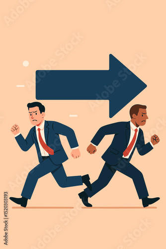 Businessmen running different directions. Unequal effort, competition, unfairness, and divergence in business partnership. Concept of conflict, strategy, goal, race, and challenge.