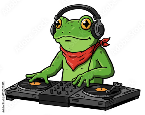 Frog DJ, with headphones and turntables, looking cool. Vector sticker design