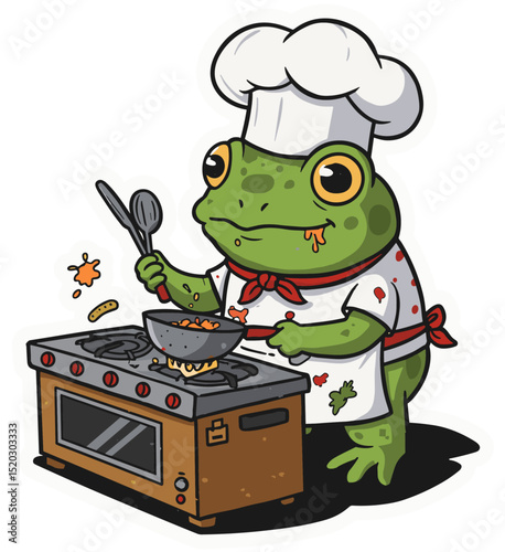 Frog cooking a tiny meal, with a chef's hat and apron, looking messy. Vector sticker design