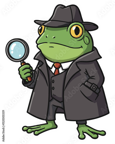 Frog dressed as a detective, with a magnifying glass and trench coat. Vector sticker design
