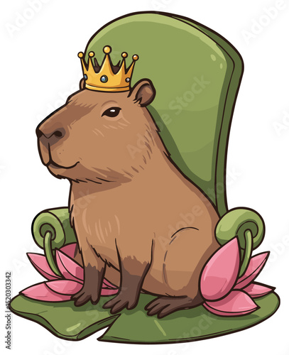 Capybara wearing a tiny crown, sitting majestically on a lily pad throne. Vector sticker design
