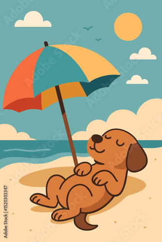 Cute dog relaxing on beach, summer vacation. Cartoon puppy under umbrella by ocean sunbathing. Happy pet holiday leisure, animal seaside illustration. Peaceful travel graphic. Sun.