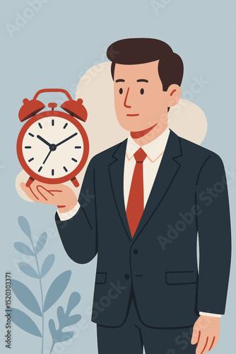 Businessman holding red alarm clock. Time management, deadline, and punctuality concept. Professional character managing schedule for productivity and work efficiency. Vector illustration.