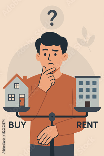 Buying vs Renting dilemma: Man weighing options on scale, choosing between house and apartment. Real estate decision, property investment, mortgage or lease. Financial choice concept.