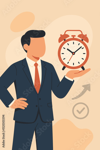 Time Management Mastery. Deadline Clock in Hand. Confident Businessman. Productivity. Efficiency. Business Success. Achieve Goals. Arrow Up. Check Mark. Flat Vector.