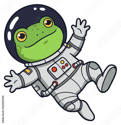 Frog in a tiny spacesuit, floating in space. Vector sticker design