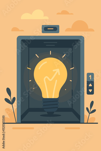 Elevator pitch idea. Startup growth metaphor with lightbulb and upward arrow. Business innovation, progress, success. New venture, creativity, opportunity, motivation, development. Modern vector art.