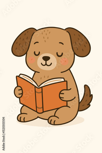 Adorable cartoon dog deeply engrossed in reading a book, cute puppy character illustration. Educational concept for kids, learning, literature. Smart pet, happy bookworm, intellectual canine vector.
